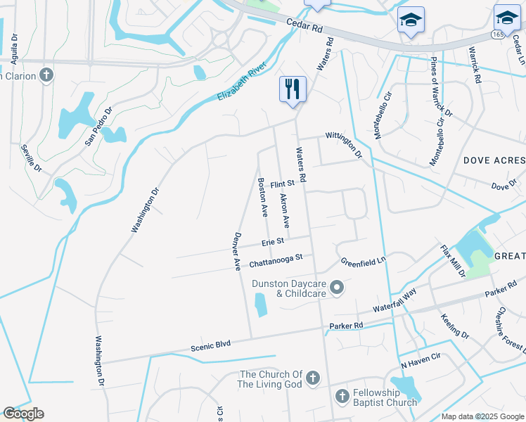 map of restaurants, bars, coffee shops, grocery stores, and more near 572 Boston Avenue in Chesapeake