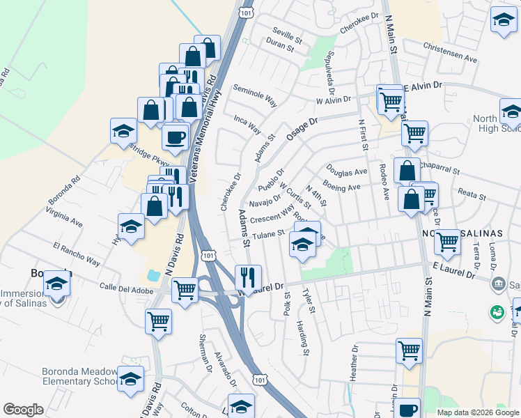map of restaurants, bars, coffee shops, grocery stores, and more near 449 Navajo Drive in Salinas