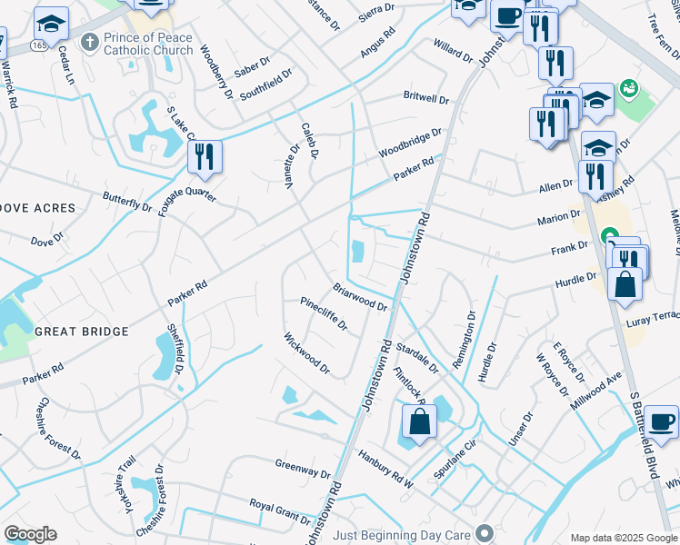 map of restaurants, bars, coffee shops, grocery stores, and more near 405 Briarwood Court in Chesapeake