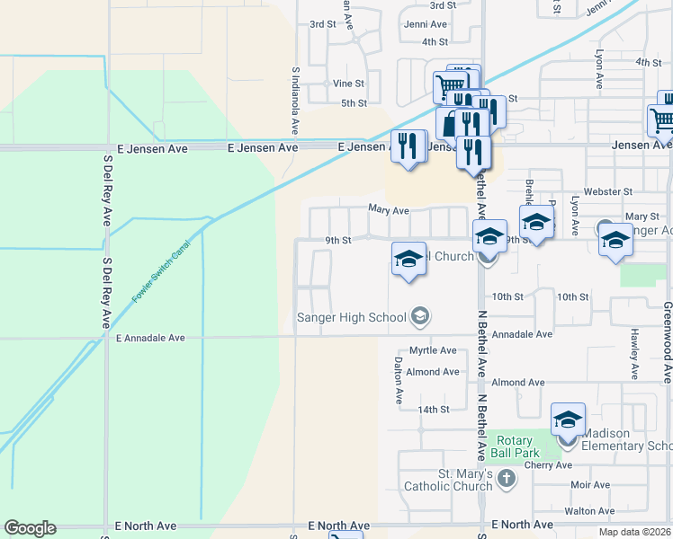 map of restaurants, bars, coffee shops, grocery stores, and more near 954 Pinewood Avenue in Sanger