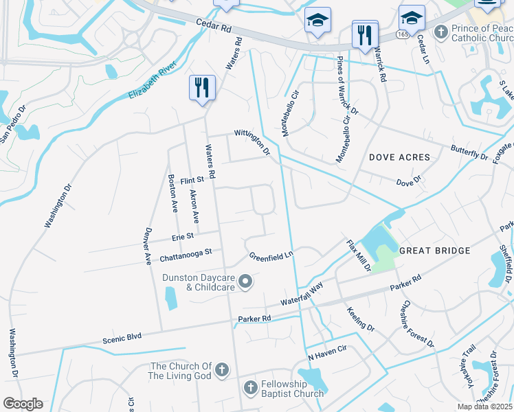 map of restaurants, bars, coffee shops, grocery stores, and more near 813 Dawson Circle in Chesapeake