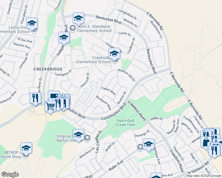 map of restaurants, bars, coffee shops, grocery stores, and more near 1123 Cabot Way in Salinas