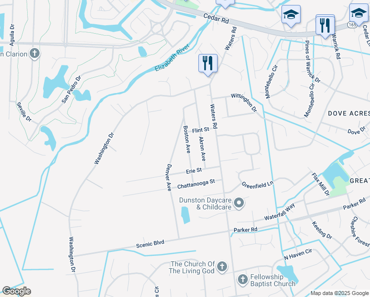 map of restaurants, bars, coffee shops, grocery stores, and more near 572 Boston Avenue in Chesapeake