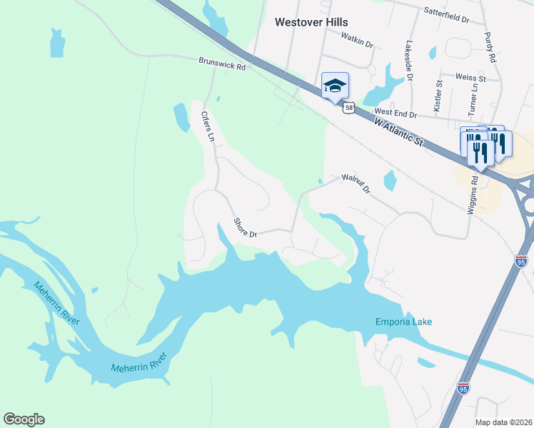 map of restaurants, bars, coffee shops, grocery stores, and more near 323 Allen Court in Emporia