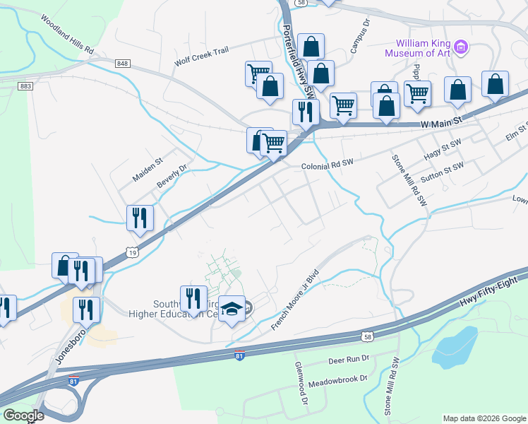 map of restaurants, bars, coffee shops, grocery stores, and more near 842 Gilliam Street Southwest in Abingdon