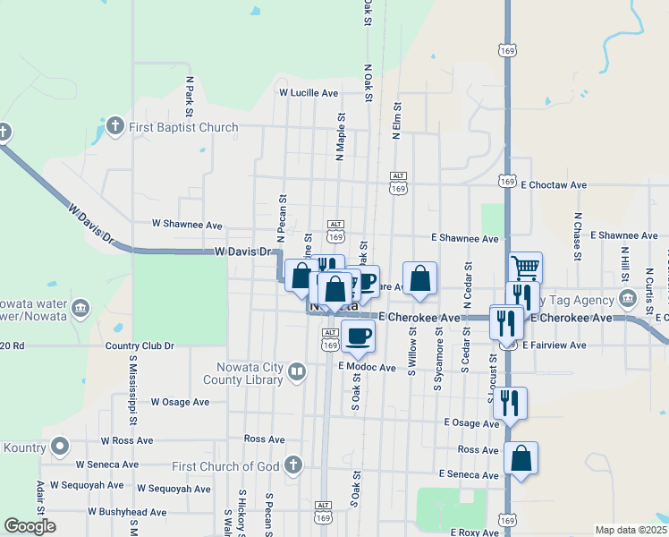 map of restaurants, bars, coffee shops, grocery stores, and more near 229 North Maple Street in Nowata