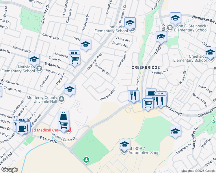 map of restaurants, bars, coffee shops, grocery stores, and more near 1585 Los Altos Way in Salinas