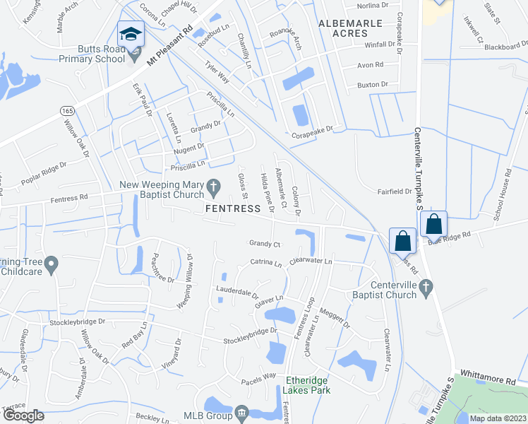 map of restaurants, bars, coffee shops, grocery stores, and more near 1224 Fentress Road in Chesapeake