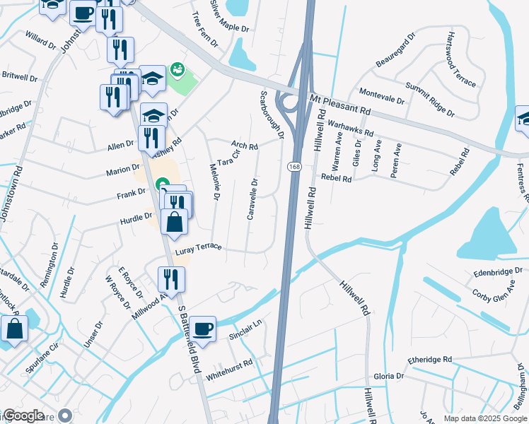 map of restaurants, bars, coffee shops, grocery stores, and more near 608 Luray Terrace in Chesapeake