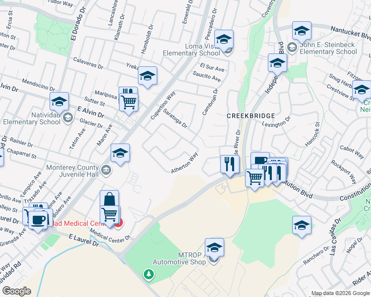 map of restaurants, bars, coffee shops, grocery stores, and more near 1585 Los Altos Way in Salinas