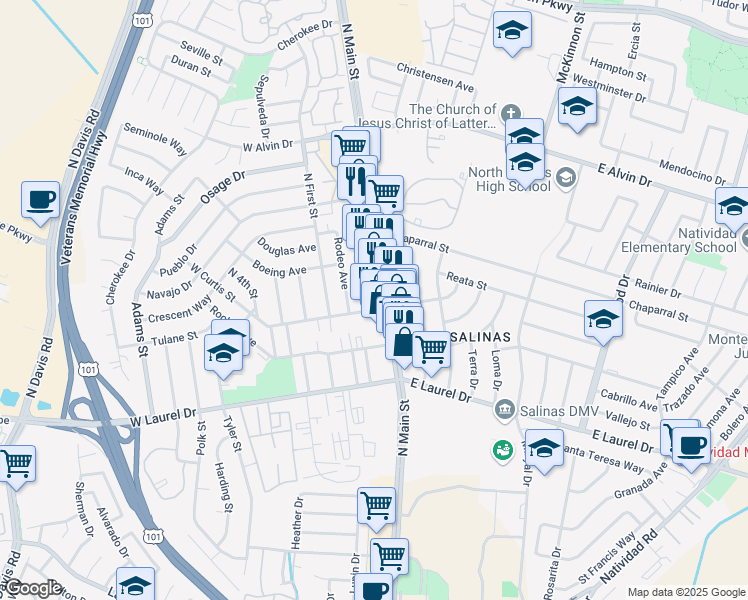 map of restaurants, bars, coffee shops, grocery stores, and more near 1305 North Main Street in Salinas