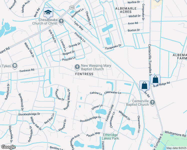 map of restaurants, bars, coffee shops, grocery stores, and more near 1220 Fentress Road in Chesapeake