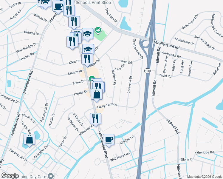 map of restaurants, bars, coffee shops, grocery stores, and more near 250 Melonie Dr in Chesapeake