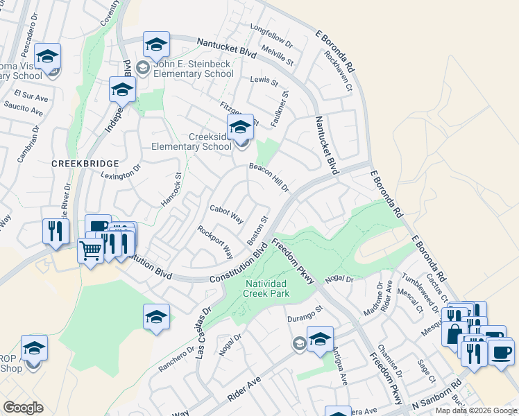 map of restaurants, bars, coffee shops, grocery stores, and more near 1678 Boston Street in Salinas