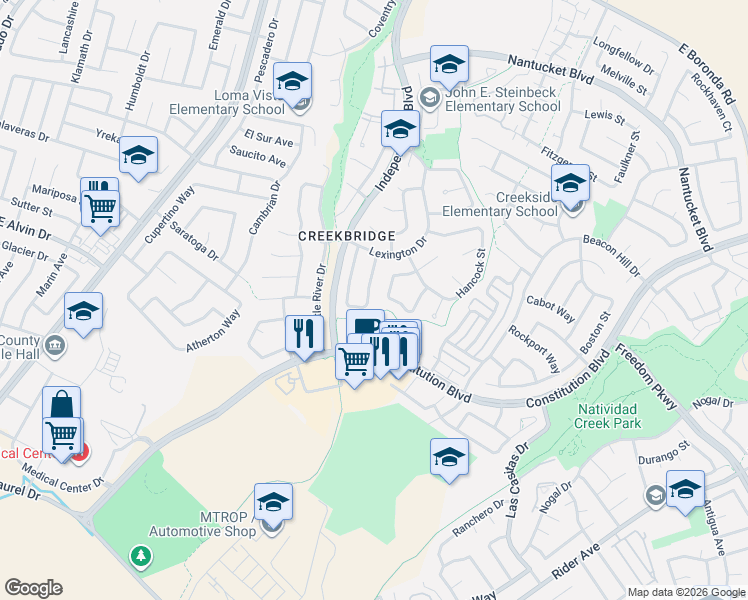map of restaurants, bars, coffee shops, grocery stores, and more near 1644 Newport Court in Salinas