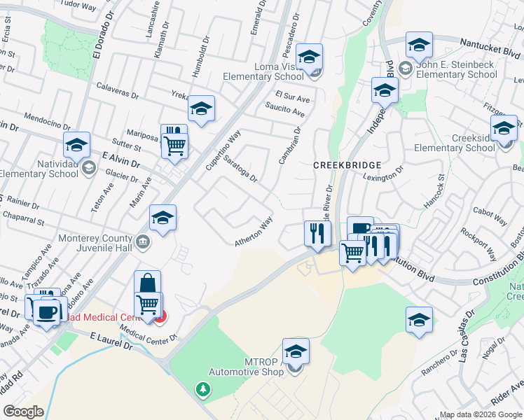 map of restaurants, bars, coffee shops, grocery stores, and more near 1604 Atherton Way in Salinas