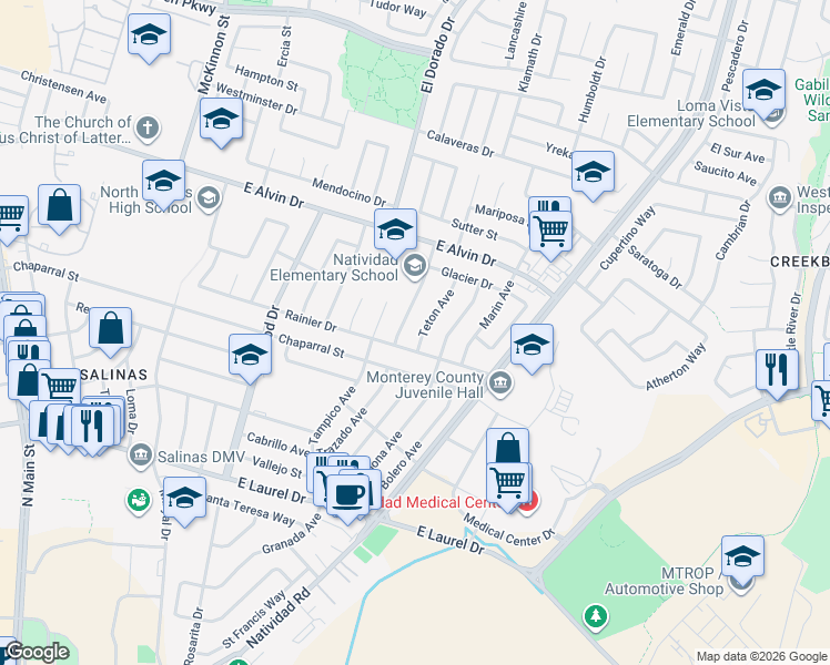 map of restaurants, bars, coffee shops, grocery stores, and more near 1426 Teton Avenue in Salinas