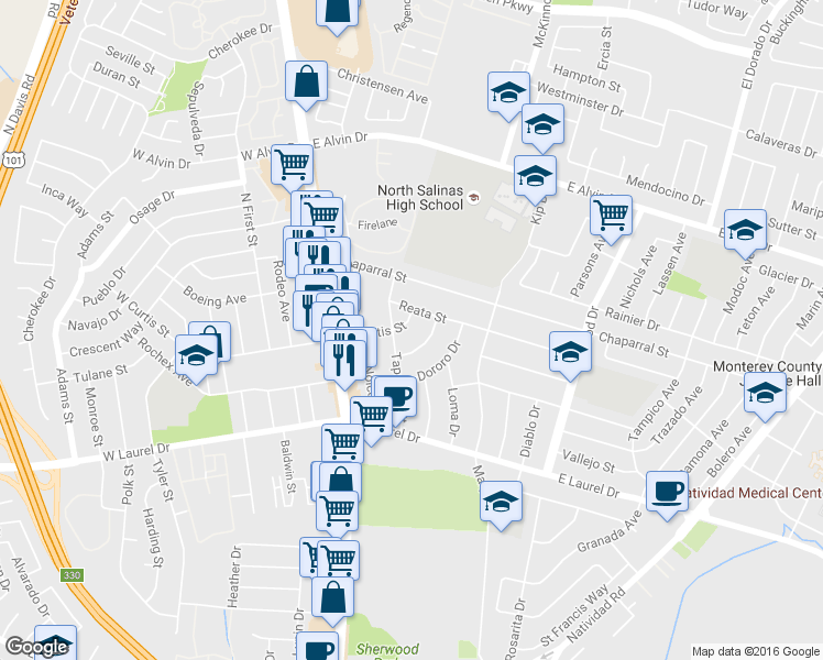 map of restaurants, bars, coffee shops, grocery stores, and more near 202 East Curtis Street in Salinas