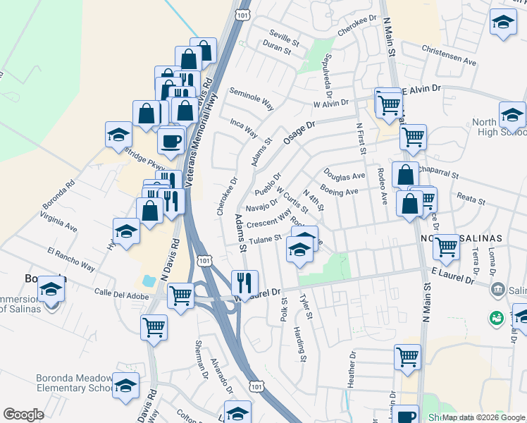 map of restaurants, bars, coffee shops, grocery stores, and more near 449 Navajo Drive in Salinas