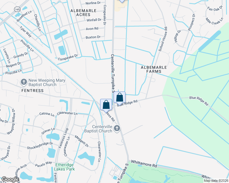 map of restaurants, bars, coffee shops, grocery stores, and more near 1500 Blue Ridge Road in Chesapeake