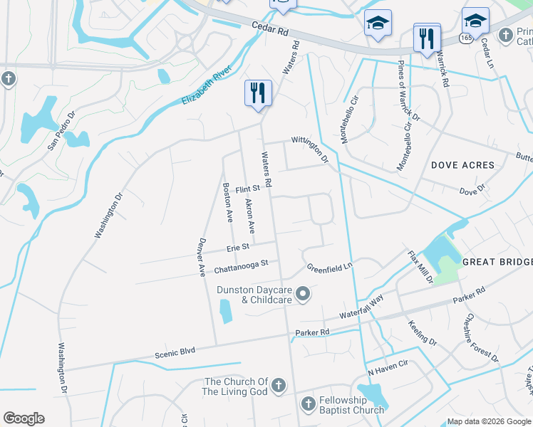 map of restaurants, bars, coffee shops, grocery stores, and more near 568 Waters Road in Chesapeake