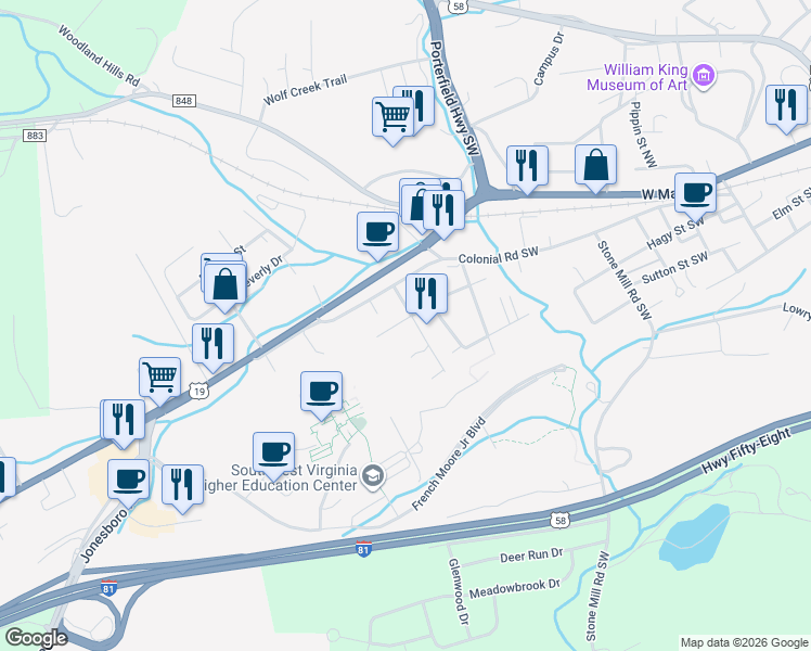 map of restaurants, bars, coffee shops, grocery stores, and more near 842-846 Gilliam Street Southwest in Abingdon