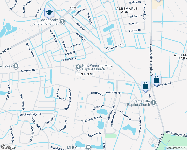 map of restaurants, bars, coffee shops, grocery stores, and more near 1216 Fentress Road in Chesapeake