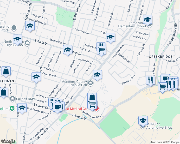 map of restaurants, bars, coffee shops, grocery stores, and more near 37 Plumas Way in Salinas