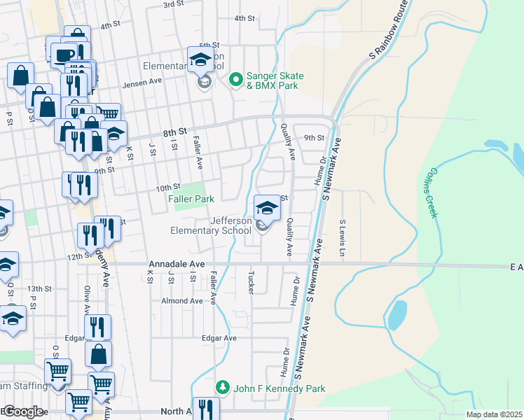 map of restaurants, bars, coffee shops, grocery stores, and more near 1110 Tucker Avenue in Sanger