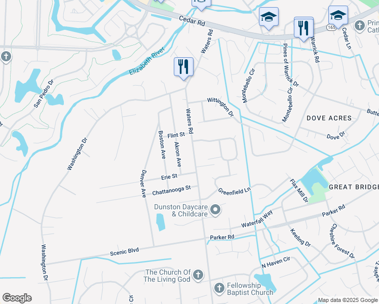map of restaurants, bars, coffee shops, grocery stores, and more near 568 Waters Road in Chesapeake