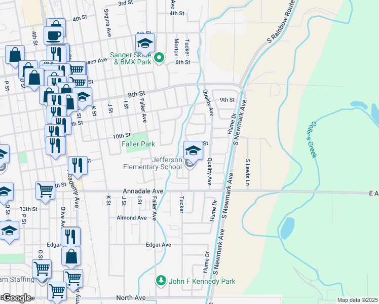 map of restaurants, bars, coffee shops, grocery stores, and more near 1110 Tucker Avenue in Sanger