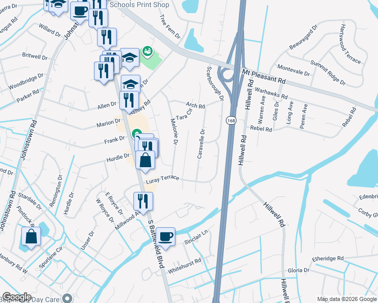 map of restaurants, bars, coffee shops, grocery stores, and more near 529 Woodglen Drive in Chesapeake