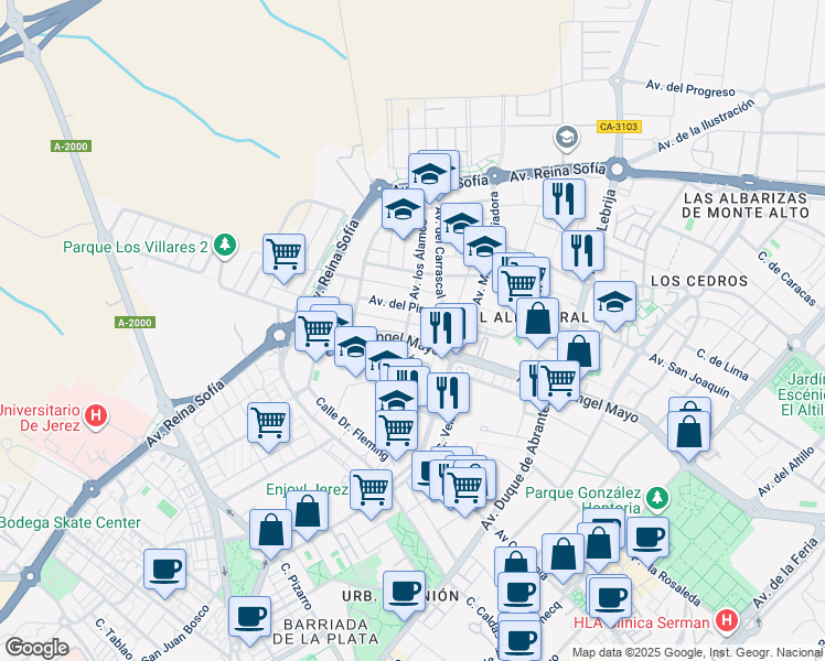 map of restaurants, bars, coffee shops, grocery stores, and more near 2 Avenida los Álamos in Jerez de la Frontera