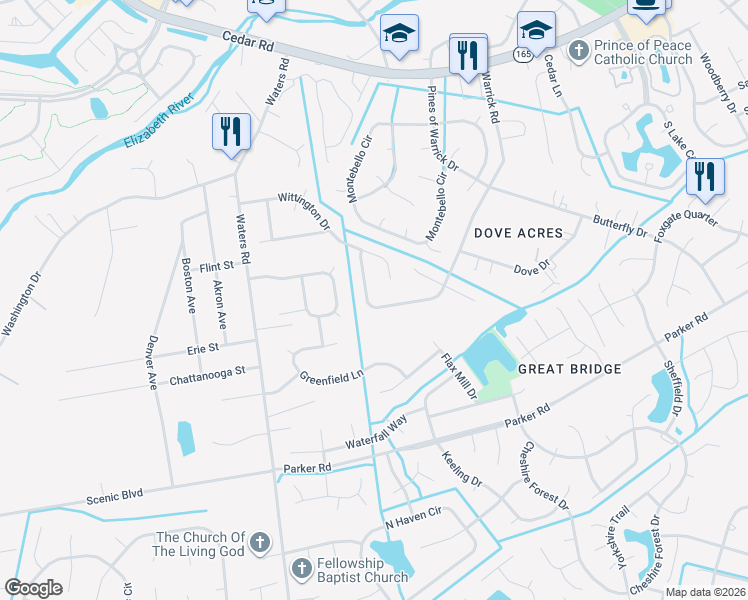 map of restaurants, bars, coffee shops, grocery stores, and more near 536 Warrick Road in Chesapeake