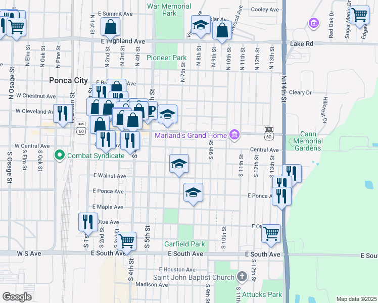 map of restaurants, bars, coffee shops, grocery stores, and more near 714 East Central Avenue in Ponca City