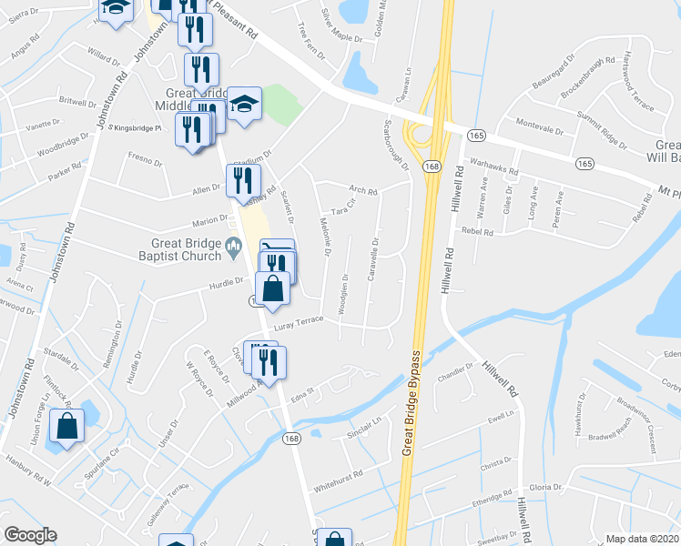 map of restaurants, bars, coffee shops, grocery stores, and more near 528 Woodglen Drive in Chesapeake