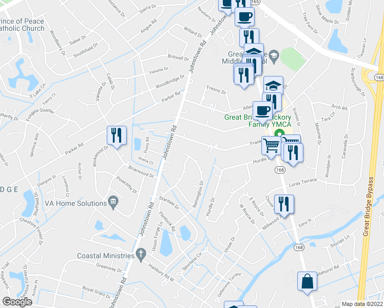 map of restaurants, bars, coffee shops, grocery stores, and more near 708 Remington Drive in Chesapeake