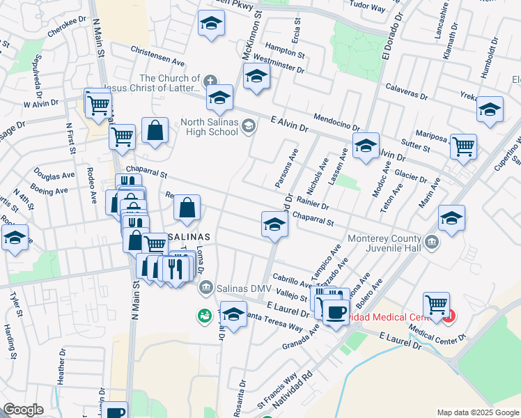 map of restaurants, bars, coffee shops, grocery stores, and more near 342 Chaparral Street in Salinas