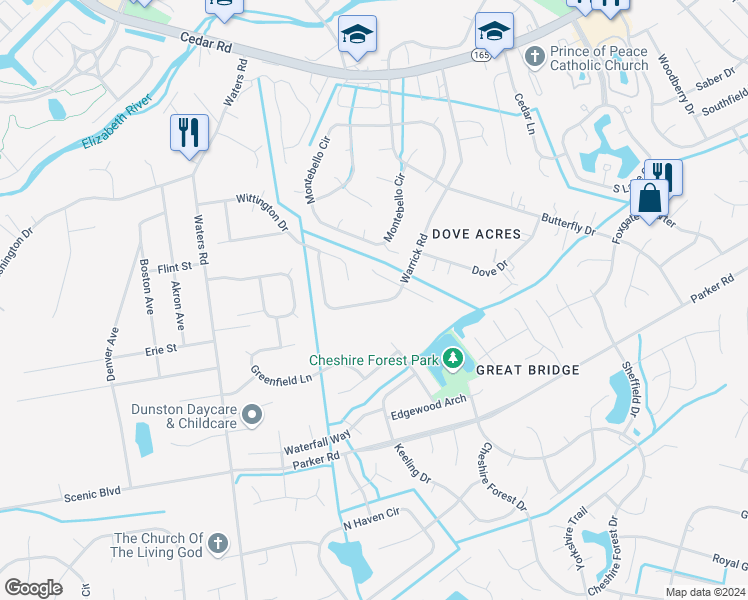 map of restaurants, bars, coffee shops, grocery stores, and more near 512 Warrick Road in Chesapeake