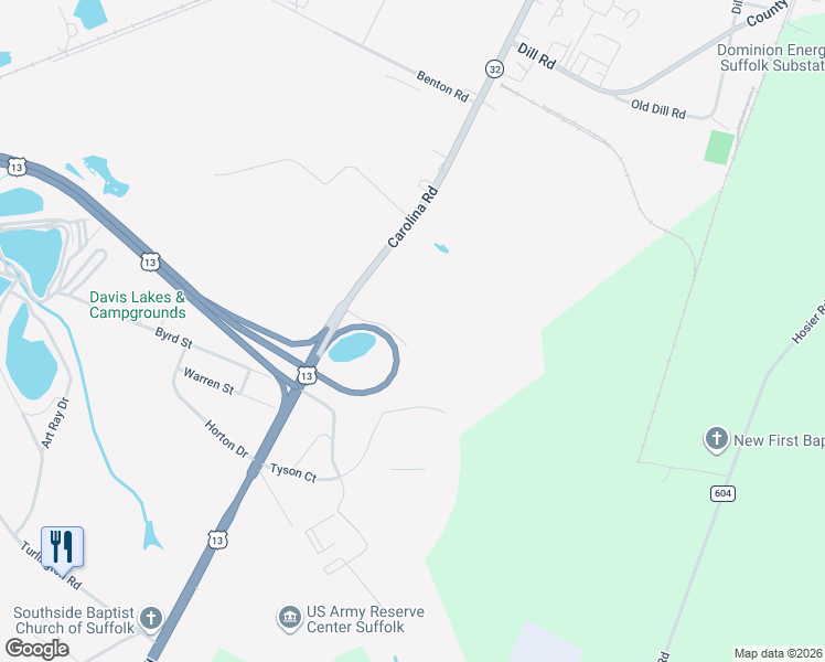 map of restaurants, bars, coffee shops, grocery stores, and more near Coleman Court in Suffolk