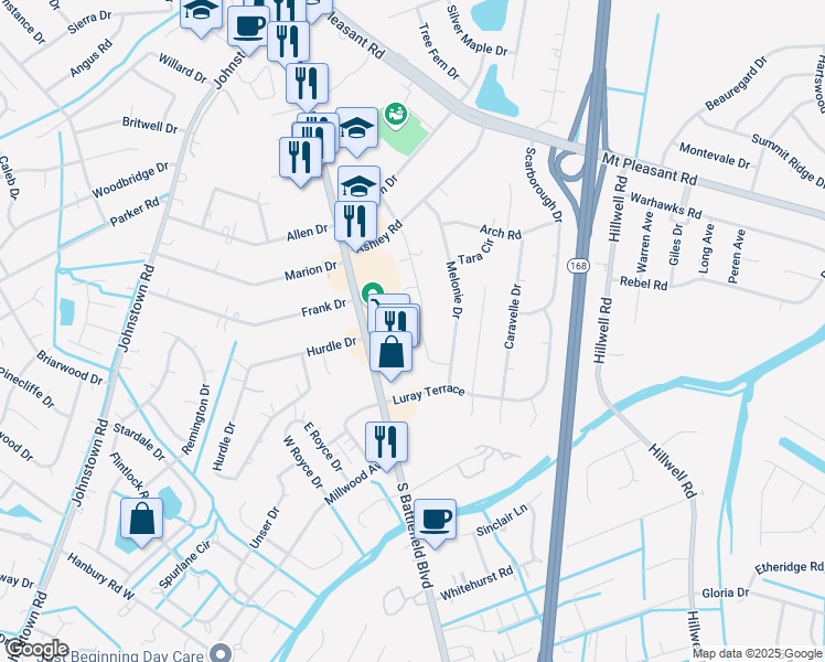 map of restaurants, bars, coffee shops, grocery stores, and more near 304 Melonie Court in Chesapeake