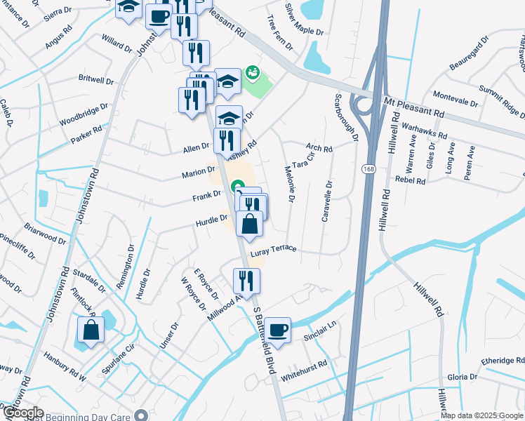 map of restaurants, bars, coffee shops, grocery stores, and more near 304 Melonie Court in Chesapeake