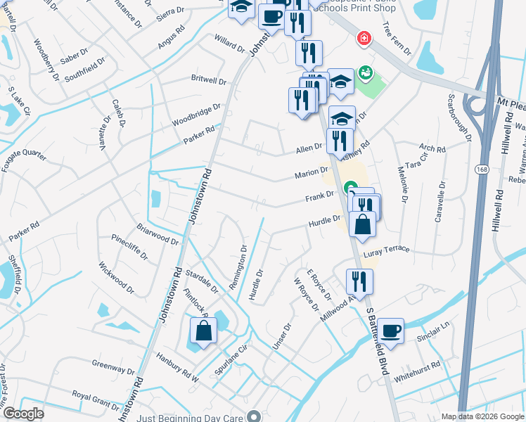 map of restaurants, bars, coffee shops, grocery stores, and more near 213 Frank Drive in Chesapeake