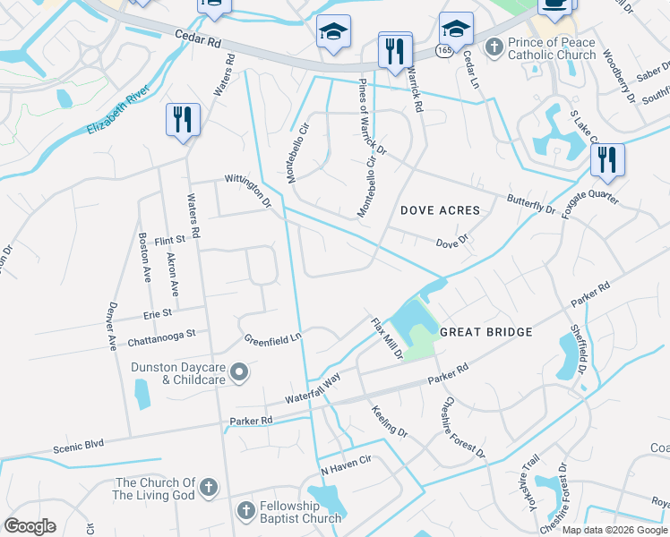 map of restaurants, bars, coffee shops, grocery stores, and more near 513 Warrick Road in Chesapeake