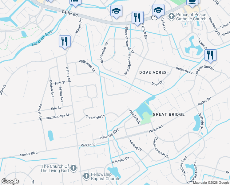 map of restaurants, bars, coffee shops, grocery stores, and more near 532 Warrick Road in Chesapeake