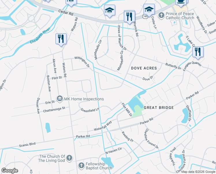 map of restaurants, bars, coffee shops, grocery stores, and more near 532 Warrick Road in Chesapeake