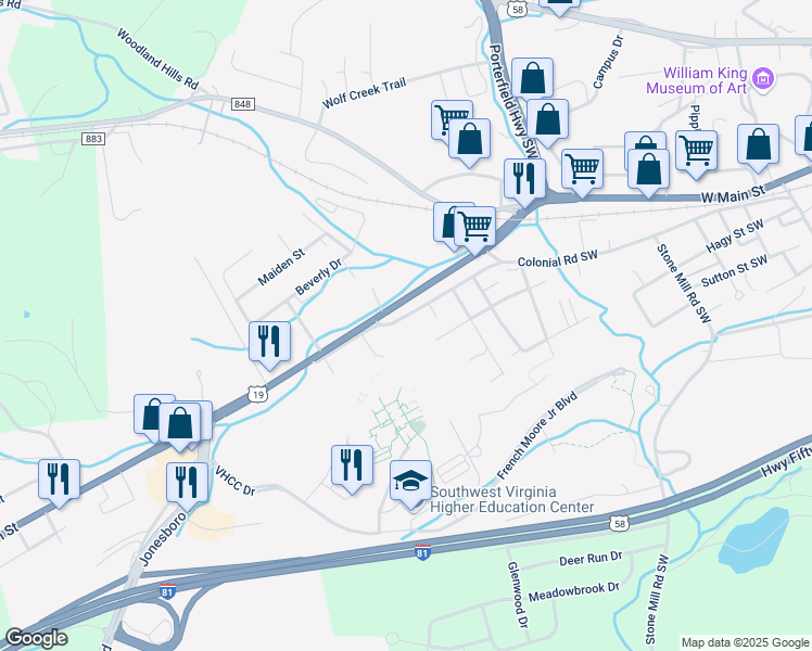 map of restaurants, bars, coffee shops, grocery stores, and more near 862 Colonial Road Southwest in Abingdon