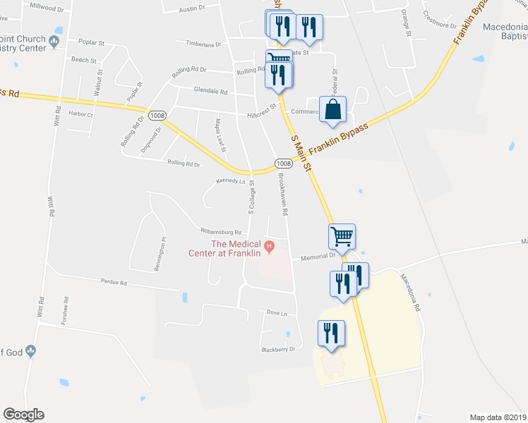 map of restaurants, bars, coffee shops, grocery stores, and more near 1036 Brookview Drive in Franklin