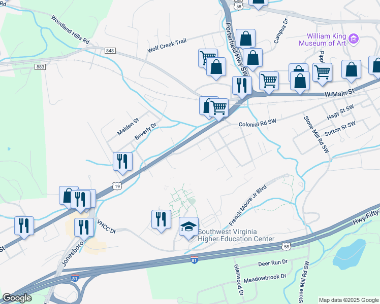 map of restaurants, bars, coffee shops, grocery stores, and more near 862 Colonial Road Southwest in Abingdon