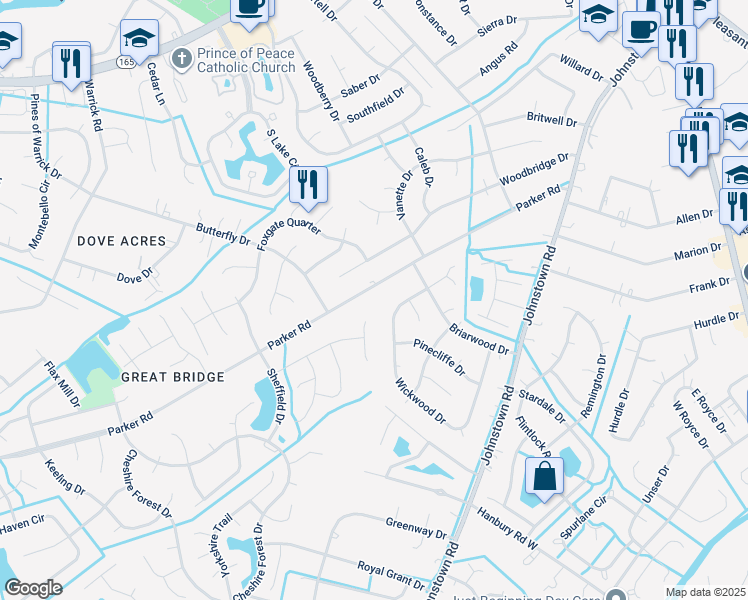 map of restaurants, bars, coffee shops, grocery stores, and more near 524 Parker Road in Chesapeake